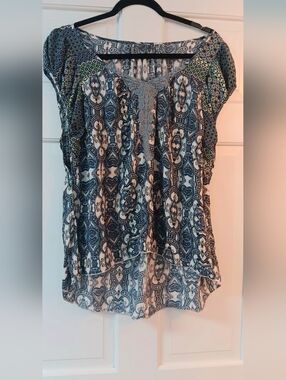 Bohemian Blue Paisley Short-Sleeve Blouse with Lace Trim